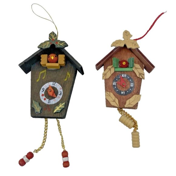 Vintage Cuckoo Clock Christmas Ornaments Handmade Wood Dangle Chain Lot of 2 - Picture 1 of 10